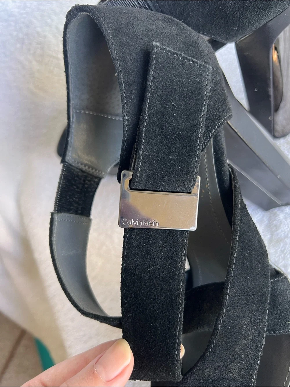 Calvin Klein Nichelle black suede platform sandals metallic silver